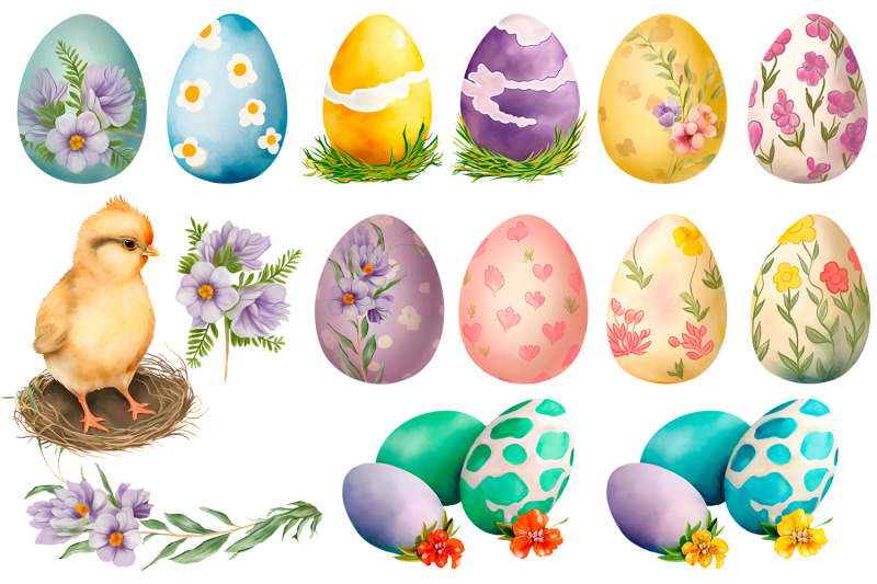 chicken-and-cute-watercolor-easter-eggs-with-flowers