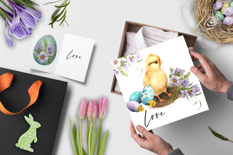 chicken-and-cute-watercolor-easter-eggs-with-flowers