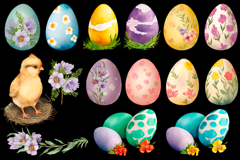 chicken-and-cute-watercolor-easter-eggs-with-flowers