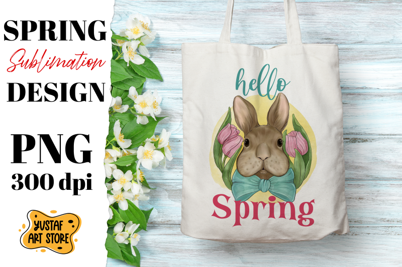 hello-spring-sublimation-design-tulip-and-bunny-illustration-png