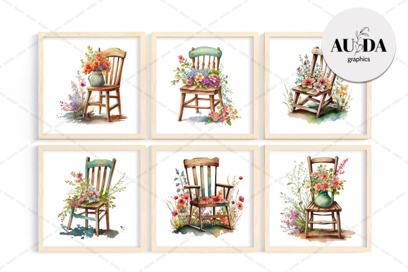 twelve-watercolor-chairs-with-flowers-and-four-patterns