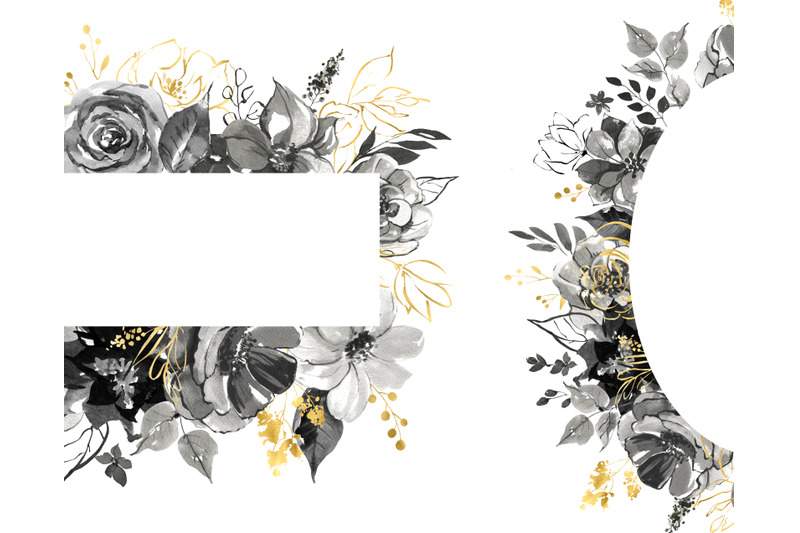 black-and-white-watercolor-floral-frame-clipart-monochrome-and-golden