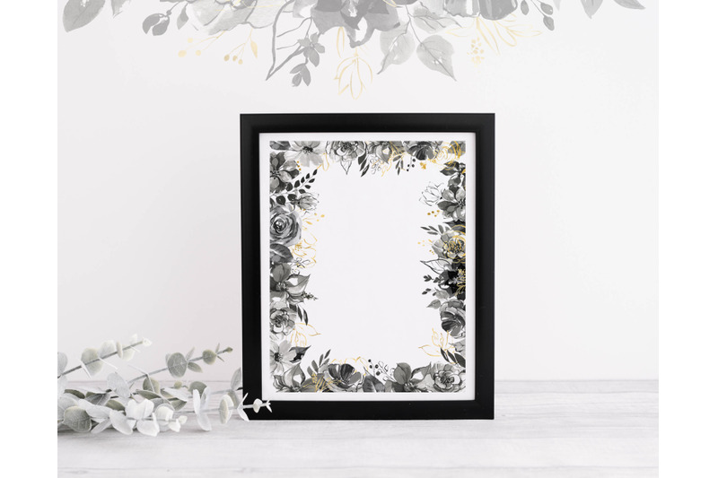 black-and-white-watercolor-floral-frame-clipart-monochrome-and-golden