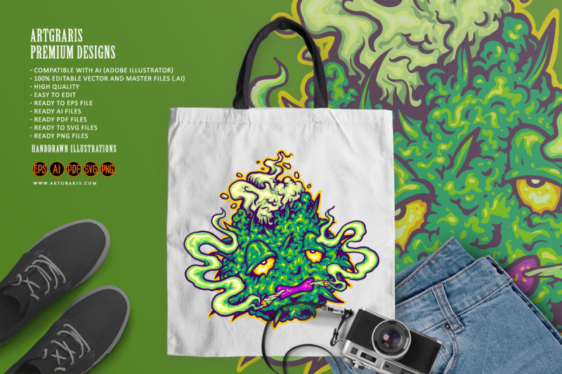 monster-weed-leaf-plant-with-cannabis-smoke-logo-cartoon-illustrations