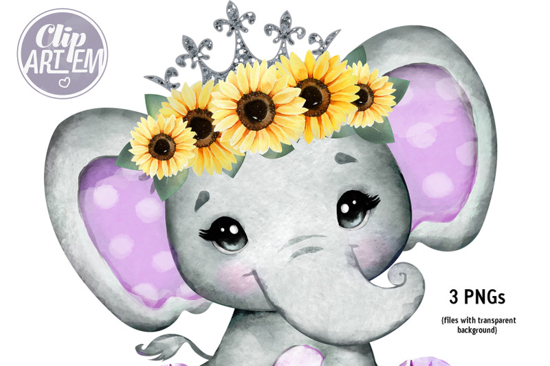 sunflower-purple-princess-elephant-3-pngs-watercolor-images-clip-art