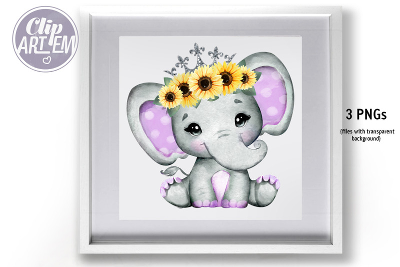 sunflower-purple-princess-elephant-3-pngs-watercolor-images-clip-art