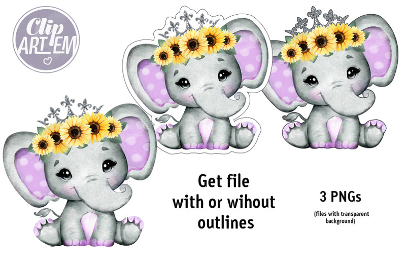 sunflower-purple-princess-elephant-3-pngs-watercolor-images-clip-art