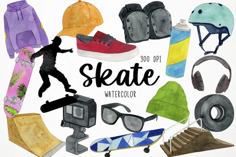 watercolor-skate-clipart-skateboard-clipart-urban-clipart-skater