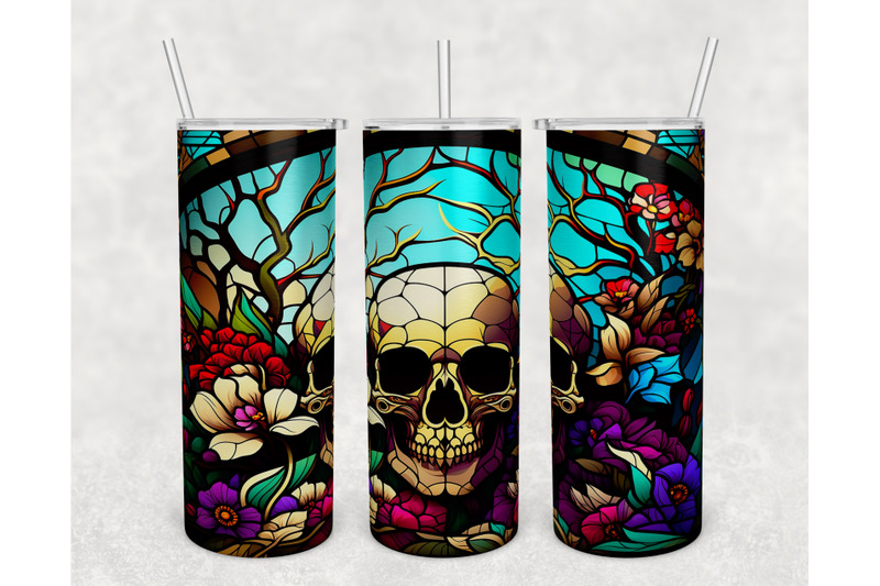 stained-glass-skull-with-flowers-tumbler-wrap-skull-tumbler-png