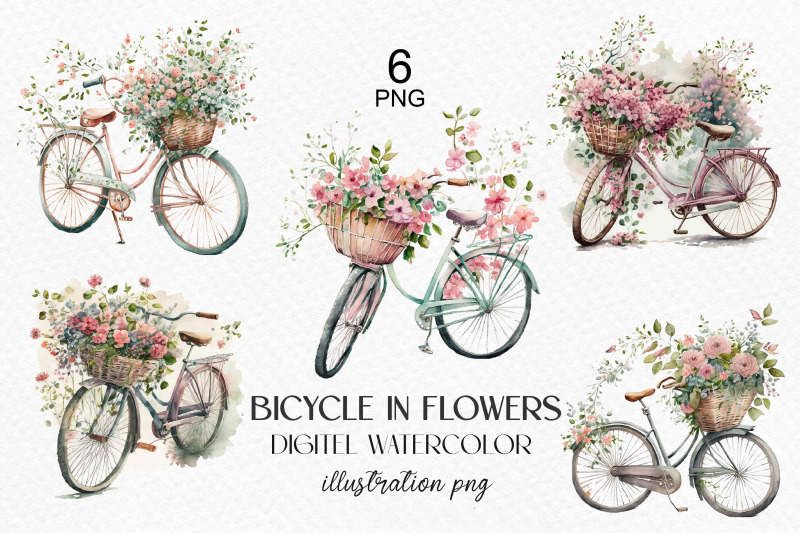 watercolor-set-of-bicycles-with-flowers-spring-bicycle-hello-spring
