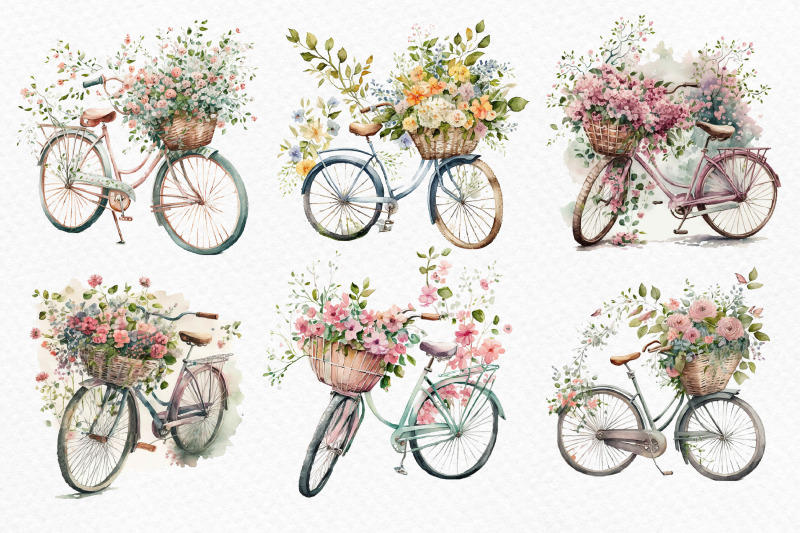 watercolor-set-of-bicycles-with-flowers-spring-bicycle-hello-spring