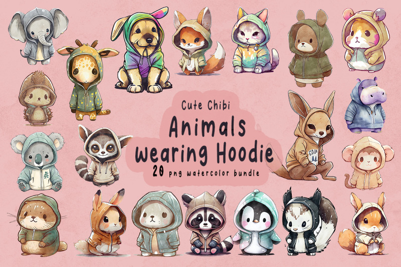 cute-animals-wearing-hoodie-watercolor-clipart-bundle