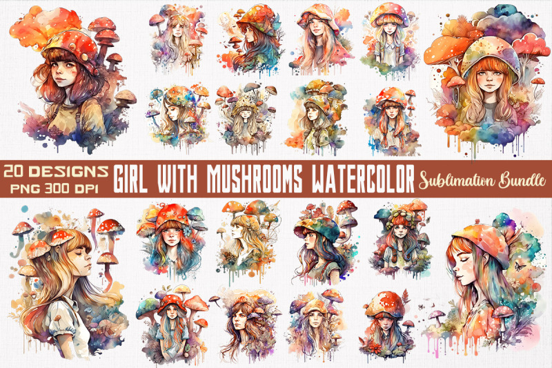 cute-girl-amp-mushrooms-watercolor-bundle