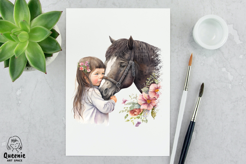 girl-pampering-a-horse-watercolor-illustration