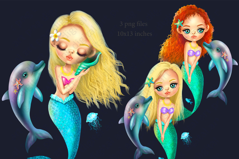 mermaids-sublimation-design-mermaid-with-dolphin-png-print