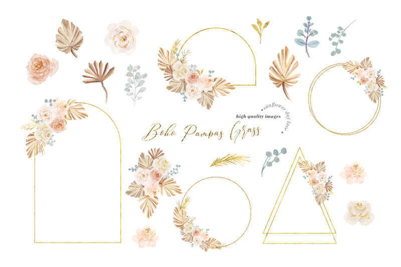 boho-pampas-grass-gold-geometric-clipart-elegant-pink-flowers