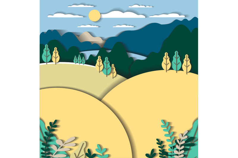 3d-vector-paper-cut-landscape-with-mountains-hills-field-tree-fore
