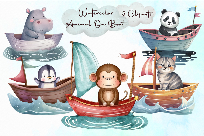 cute-animal-on-boat-watercolor-cliparts