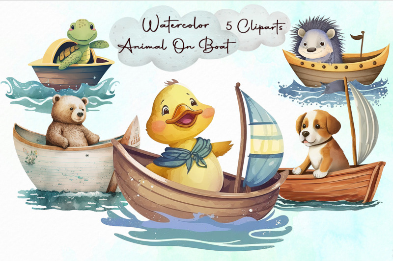 watercolor-cute-animal-on-boat-cliparts