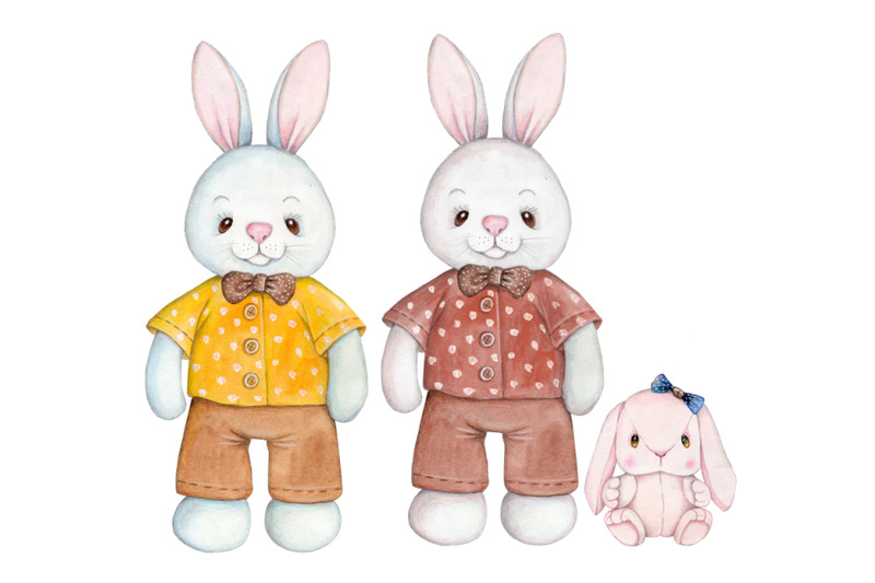 two-cute-cartoon-bunny-rabbits-standing-front-position-with-toy