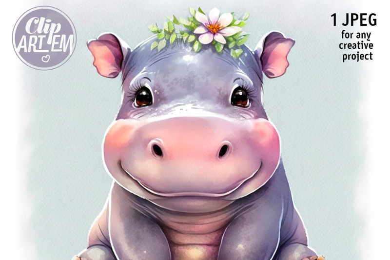 smiling-baby-girl-hippo-with-one-flower-digital-wall-art-jpeg-image