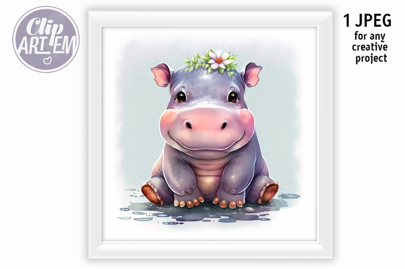 smiling-baby-girl-hippo-with-one-flower-digital-wall-art-jpeg-image