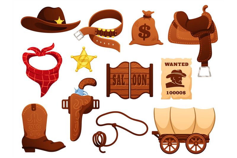 cartoon-wild-west-sheriff-elements-saloon-doors-saddle-and-wagon-wa