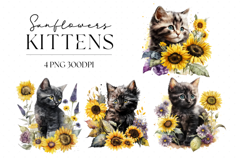 watercolour-sunflowers-kittens-png-clipart