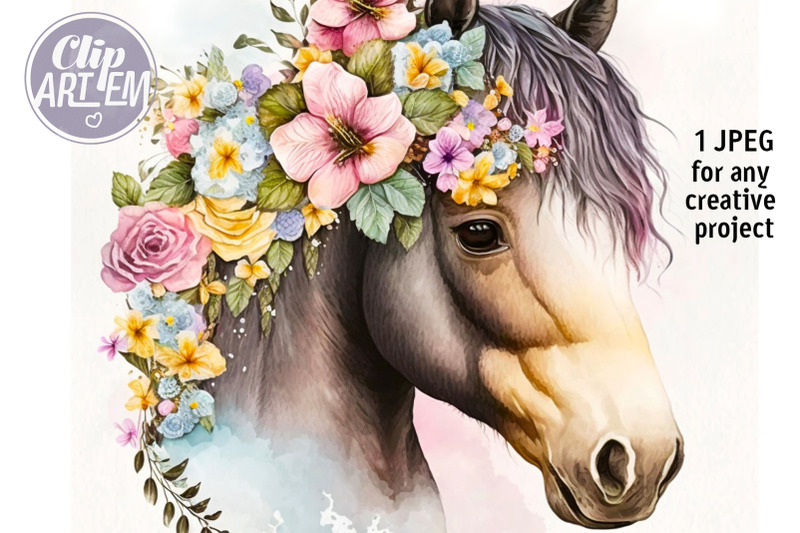 beautiful-little-horse-flowers-image-wall-art-watercolor-jpeg-file