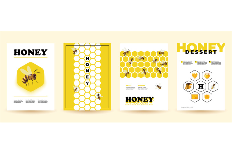 honey-flyers-cartoon-posters-with-bee-insect-honeycomb-beehive-natur
