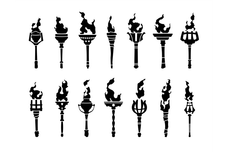 black-torch-icons-medieval-burning-fire-blaze-silhouettes-fiery-flam