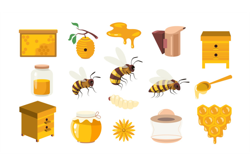 honey-cartoon-collection-beekeeping-sweet-elements-honeybee-beeswax