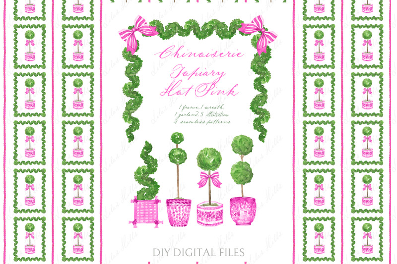 chinoiserie-hot-pink-topiary-watercolor-clipart-diy