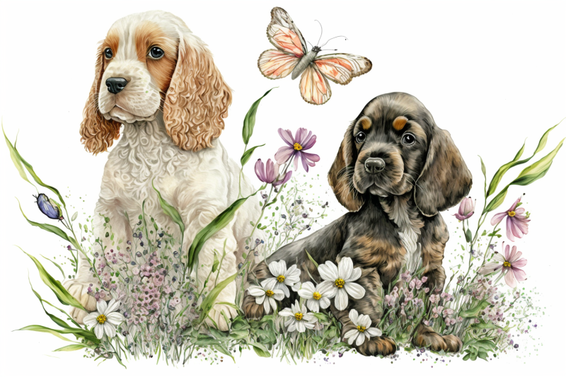 spring-watercolor-cocker-spaniel-puppies