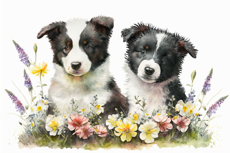 spring-watercolor-border-collie-puppies