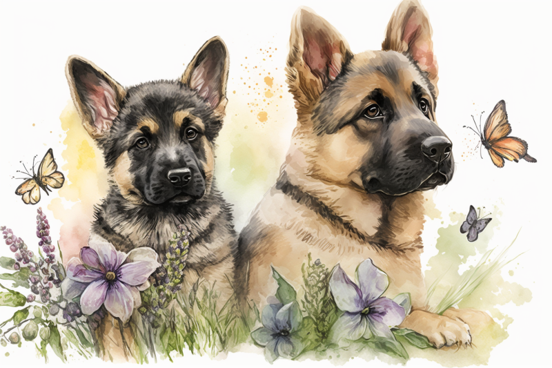 spring-watercolor-german-shepherd-puppies