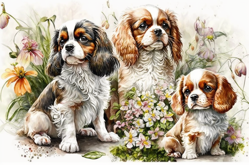 spring-watercolor-cavalier-king-charles-spaniel-puppies