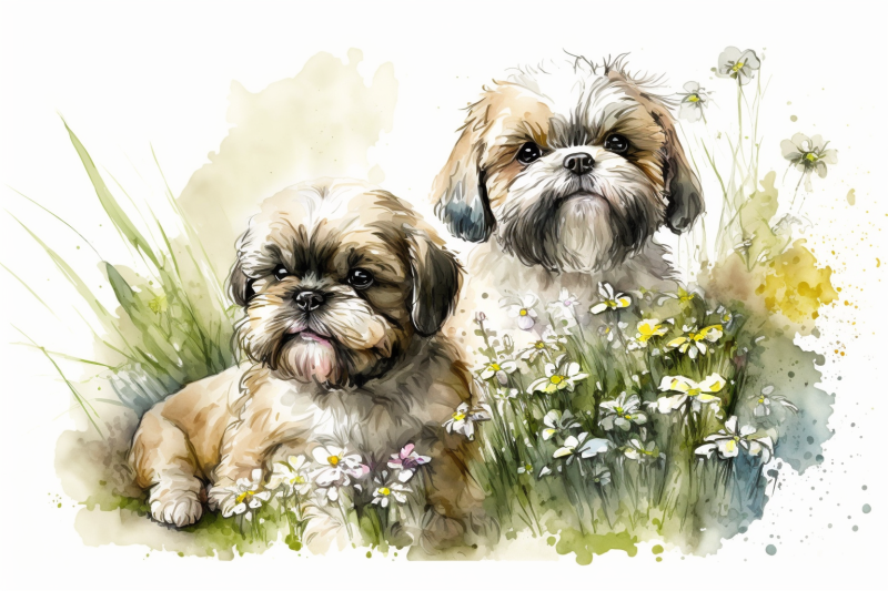 Spring Watercolor Shih Tzu Puppies By mamimo shop | TheHungryJPEG