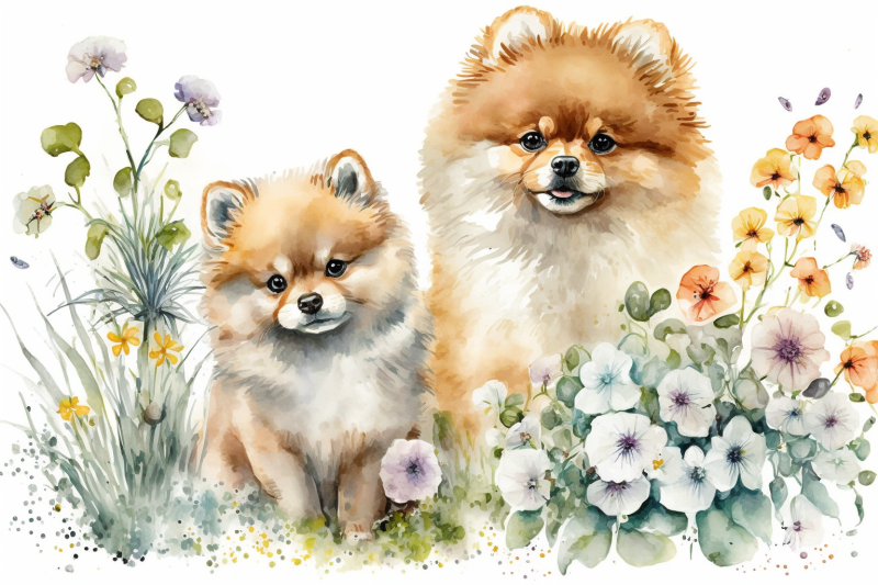 spring-watercolor-pomeranian-puppies