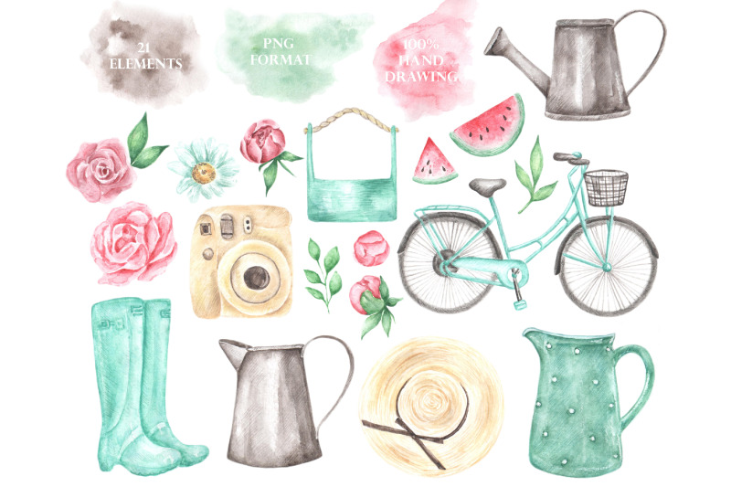 summer-rustic-watercolor-clipart-flowers-bicycle-camera