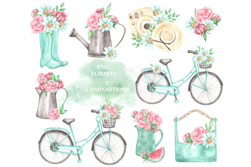 summer-rustic-watercolor-clipart-flowers-bicycle-camera