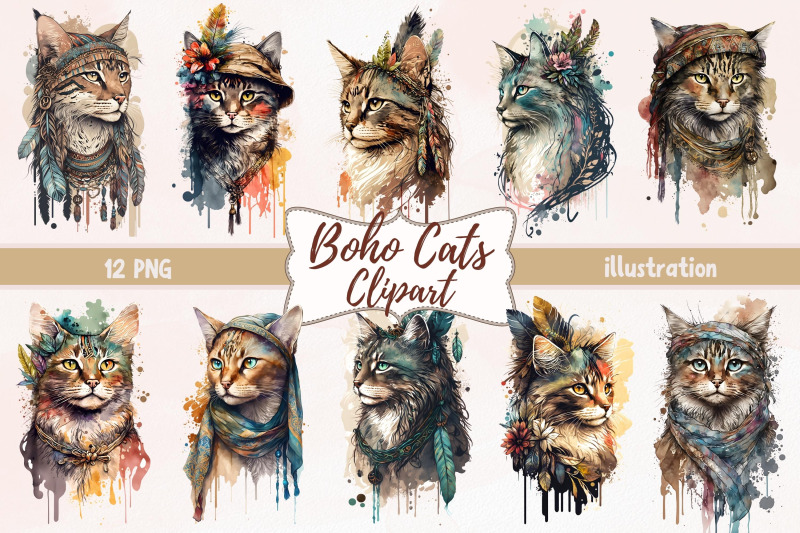 watercolor-boho-cats-clipart-sublimation