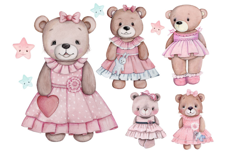 set-of-teddy-bear-girls-in-pink-adorable-bears-watercolor