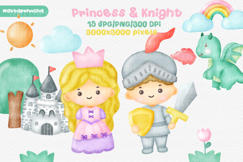 watercolor-cute-princess-and-knight