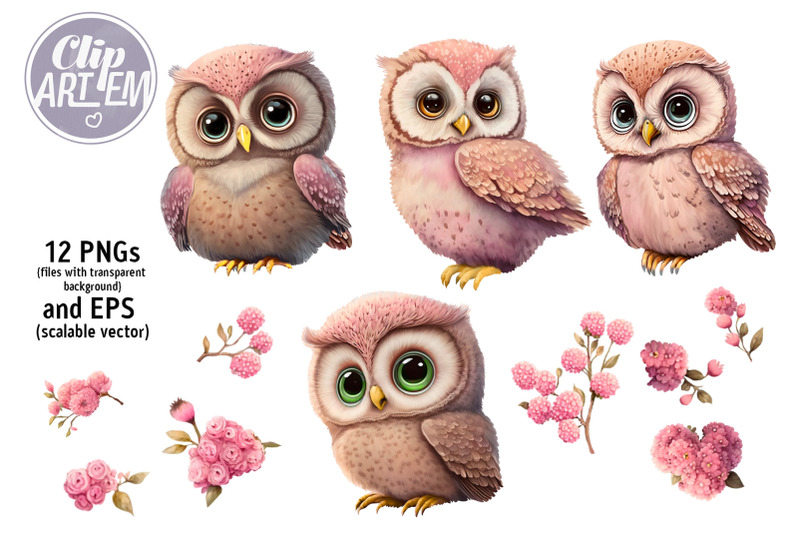 owls-with-flowers-bundle-12-pngs-eps-illustrations-for-any-project