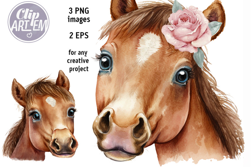 two-brown-horse-boy-girl-vector-3-png-2-eps-watercolor-digital-images