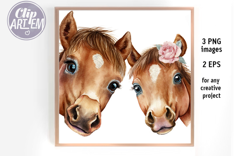 two-brown-horse-boy-girl-vector-3-png-2-eps-watercolor-digital-images