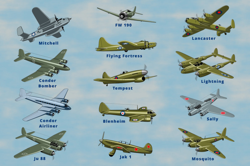 military-aircrafts-of-ww2-cliparts-set