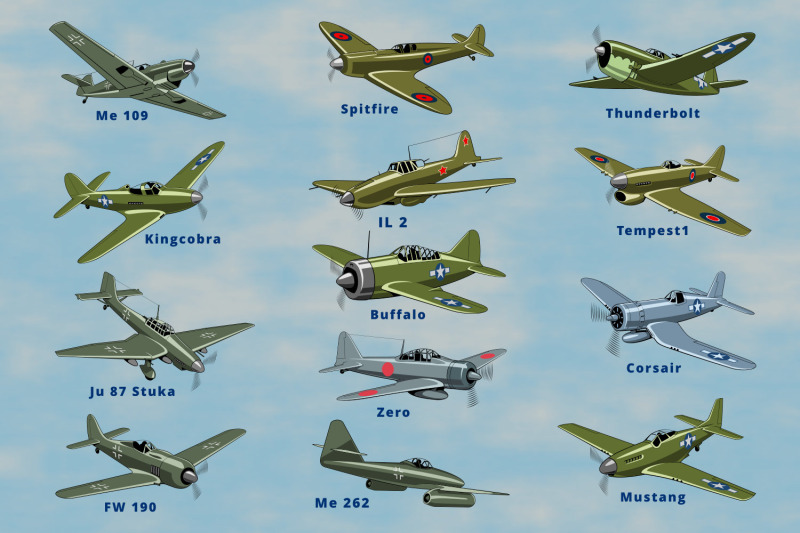 military-aircrafts-of-ww2-cliparts-set