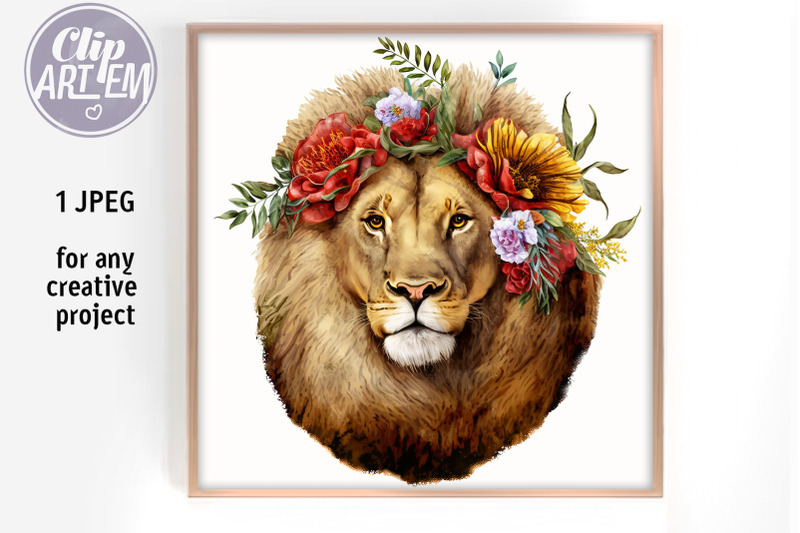 floral-lion-red-flowers-watercolor-picture-digital-print-jpeg-image